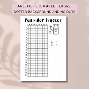 May include: A white paper tracker with a dotted background featuring the text Painkiller Tracker at the top. It includes a grid for 31 days and 12 months, a pill bottle icon, three pill icons, and two checkboxes labeled Yes and No. A pink header reads A4 letter size & A5 letter size, dotted background and no dots.