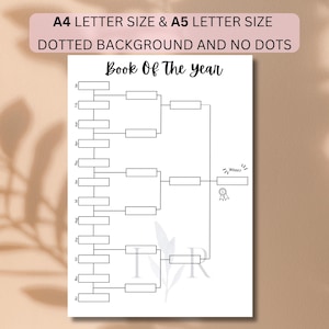 May include: A white printable sheet titled Book Of The Year featuring a tournament bracket layout with twelve rectangular slots for months, connecting lines, and a final winner box with a ribbon icon. Text includes A4 LETTER SIZE & A5 LETTER SIZE.