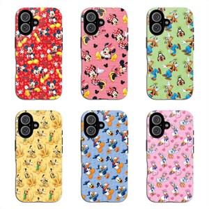 May include: Six phone cases with colorful cartoon character designs. The cases feature Mickey Mouse, Minnie Mouse, Donald Duck, Goofy, and Pluto. Each case has a different background color, including red, pink, green, yellow, blue, and pink.