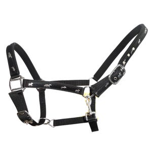 May include: Black horse head collar with silver-tone metal fittings. The halter has a repeating pattern of silver horse silhouettes. Adjustable straps and buckles are made of nylon. A metal clasp is included for easy attachment.