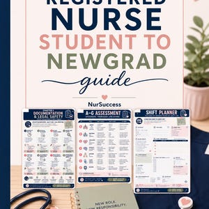 May include: A guide for Registered Nurse students transitioning to new graduates. The image features a guide with the text "Registered Nurse Student to Newgrad Guide", along with documentation, assessment, and shift planner sheets. A notebook with the text "New Role. New Responsibility. You've got this." is also visible.