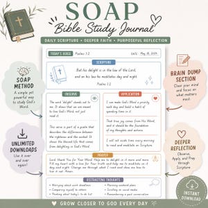 May include: A digital SOAP Bible Study Journal with a green cover and cross. The journal includes sections for daily scripture, deeper faith, and purposeful reflection. It features the SOAP method, unlimited downloads, and an instant download option.