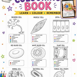 May include: A cell coloring book featuring black and white line art illustrations of various biological cells including neuron, muscle, epithelial, red blood, white blood, plant, animal, bacterial, and fungal cells with color guides for each.