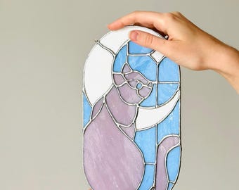 Stained Glass Cat Under Moon Wall Hanging - Pastel Window Suncatcher - Cat Home Decor