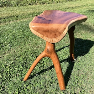 May include: A small wooden stool featuring a live edge slab top with a natural wood grain pattern in shades of light and dark brown. The stool is supported by three sturdy, branch-like legs that extend outward from a central point beneath the seat.