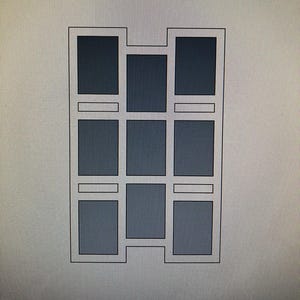 May include: A multi-opening photo collage frame featuring a white border structure with eight rectangular openings arranged in a grid-like pattern. The frame contains dark gray inserts within each rectangular section, creating a geometric display.