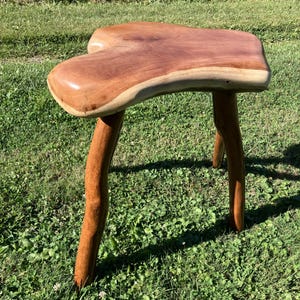 May include: A three-legged stool featuring a polished, irregular-shaped wooden seat with a natural live edge and a smooth, reddish-brown finish. The stool is supported by three sturdy, cylindrical wooden legs that extend downward from the seat.