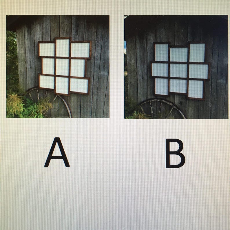 May include: Two images of a wooden picture frame with 12 white picture openings. The frame is mounted on a wooden wall. The frame is brown with a dark brown border. The frame is in a rustic setting.