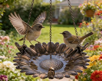 May include: A bronze-colored, sunflower-shaped bird bath hanging from chains. Two small birds perch on the edge, one with wings spread. The bird bath is filled with water, and the background shows a garden with flowers.