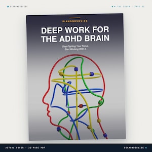 Puede incluir: Una portada de libro digital titulada Deep Work for the ADHD Brain con el subtítulo Stop Fighting Your Focus. Start Working With It. El gráfico presenta el contorno de una cabeza humana formado por líneas de alambre con cuentas rojas, azules, amarillas y verdes.