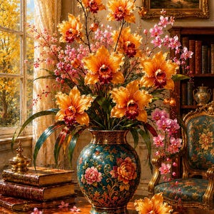 Puede incluir: Un jarrón de cerámica grande y redondo de color verde azulado con intrincados patrones florales y dorados, lleno de un vibrante arreglo de grandes orquídeas naranjas y delicadas flores rosas, sobre una mesa de madera pulida con pétalos esparcidos.