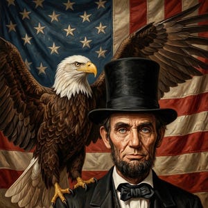 May include: A portrait of Abraham Lincoln with a bald eagle perched on his shoulder, set against an American flag. Lincoln wears a black top hat and suit. A scroll with the text "Gettysburg 1863" and an inkwell are on a wooden table.