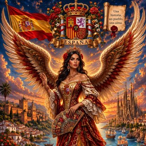 Puede incluir: Una figura alada con un vestido rojo y dorado con detalles de encaje, sosteniendo un abanico. Arriba, la bandera española, un escudo real y un pergamino con el texto 'Una historia, un pueblo, una alma.' Una guitarra descansa junto a un paisaje costero.