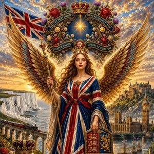 May include: A winged figure wearing a gown patterned with the Union Jack, holding a golden scepter and a royal shield. The scene includes a crown, a stone pillar with the text Courage, Honour, Loyalty, Faith, Justice, Liberty, and a landscape.