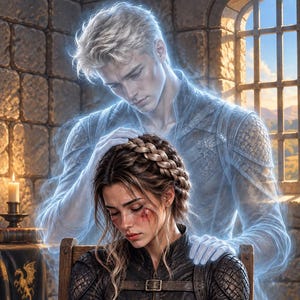 Peut inclure: Une personne aux cheveux tressés est assise sur une chaise en bois, portant une veste en cuir noir usée avec des boucles en métal et des chaînes aux poignets. Une silhouette translucide et lumineuse aux cheveux blancs se tient derrière.