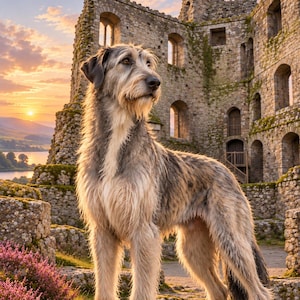 Könnte beinhalten: Ein großer Irish Wolfhound mit zotteligem, grau-beigem Fell steht auf einem Steinweg. Der Hund hat langes Fell, spitze Ohren und einen kräftigen Körperbau. Er steht vor alten steinernen Burgruinen mit einem Sonnenuntergangshimmel im Hintergrund.