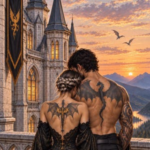 Peut inclure: Une personne avec un tatouage de dragon dans le dos portant une robe noire à motifs dorés se tient à côté d'une personne avec un tatouage de dragon dans le dos et sur les bras, devant un château en pierre avec une bannière noire et un paysage montagneux.