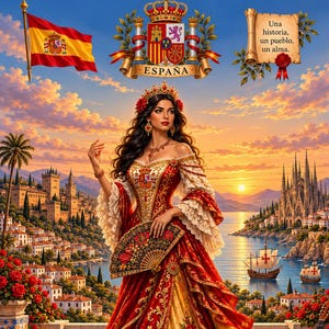 May include: A person wearing a red and gold gown with lace accents, holding a decorative fan. The scene includes the Spanish flag, the national coat of arms, a scroll with the text 'Una historia, un pueblo, un alma', a guitar, and roses.