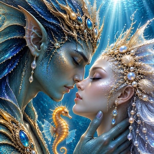 Puede incluir: Dos figuras marinas con piel verde azulada y escamas iridiscentes se miran bajo el agua. Llevan coronas y joyas doradas intrincadas adornadas con perlas y piedras preciosas azules. Un caballito de mar dorado brillante flota entre ambos.