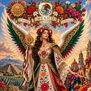 May include: A digital illustration of a figure with large wings wearing a white dress with red and green floral embroidery, holding a staff with a Mexican flag ribbon. A jaguar, a floral guitar, and a painted ceramic vase are in the foreground.