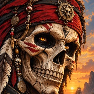 Peut inclure: Une figure de pirate squelettique aux yeux ambrés brillants, portant un foulard rouge orné d'un emblème de crâne métallique, des cheveux tressés et des breloques en plumes et pièces. La figure porte un manteau sombre avec des bordures dorées.