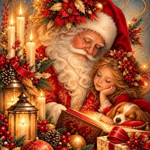 Peut inclure: Le Père Noël avec une barbe blanche et un bonnet rouge lit un livre à une jeune enfant et un petit chiot brun et blanc. La scène comprend des bougies allumées dans des lanternes, des boules de Noël rouges et dorées et des branches de sapin.