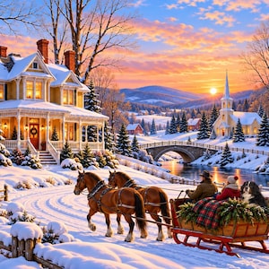 May include: A winter landscape featuring a yellow house with a porch, a red barn, and a church near a stone bridge over a river. Two brown horses pull a red sleigh carrying two people and a dog through a snow-covered path with pine trees.