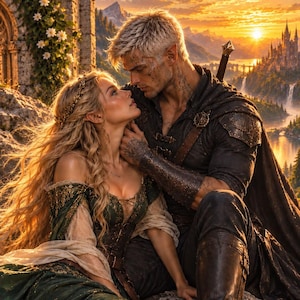 May include: A fantasy illustration featuring two figures in medieval attire. One figure wears a long, dark green gown with gold embroidery and sheer sleeves. The other figure wears dark armour, a cape, and a sword, with visible tattoos on the neck.