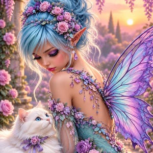 May include: A fairy with blue hair, pointed ears, and large purple butterfly wings, wearing a dress adorned with pink and purple flowers. A fluffy white cat with a floral collar sits beside the fairy, surrounded by pink roses.