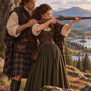 Könnte beinhalten: Zwei Personen in historischer Kleidung, eine mit kariertem Kilt und Weste, die andere mit langem olivgrünem Rock und Mieder, zielen mit einer langen hölzernen Muskete. Beide tragen braune Ledertaschen und karierte Umhängetücher in den Bergen.