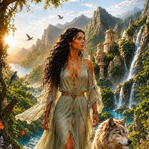 May include: A woman in a flowing sage green dress walks along a stone path with a wolf. The scene is set in a lush, mountainous landscape with waterfalls, a castle, and a river. Butterflies and birds add to the idyllic scene.