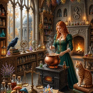 Peut inclure: Un chaudron en cuivre sur un poêle noir, remué par une personne en robe verte. La pièce comprend des étagères de flacons en verre, une cheminée en pierre, un corbeau noir, un chat roux sur des livres et une table avec balance et champignons.