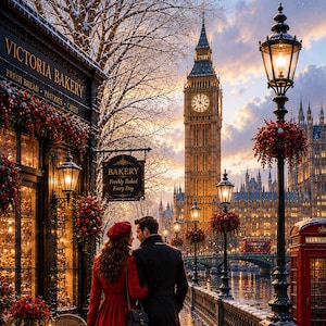 May include: A scene in London featuring a bakery with a sign reading Victoria Bakery, Fresh Bread, Pastries, Cakes, and a hanging sign saying Bakery Freshly Baked Every Day. A couple stands on a wet street near Big Ben and a red telephone booth.