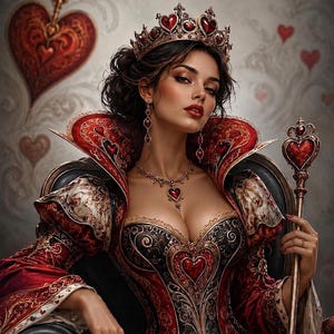 Op de afbeelding: Een koninklijk figuur in een versierde rood, zwart en goudkleurige japon met hartmotieven, een bijpassende kroon en hartvormige sieraden. De outfit heeft een hoge kraag en complexe patronen. Een metalen scepter met een rood hart wordt vastgehouden.