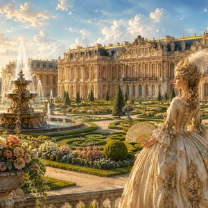 May include: A person in an elaborate cream-coloured gown with floral embroidery and a tall, feathered hairstyle stands before a large palace and a tiered fountain. The person holds a decorative hand fan while overlooking a manicured garden.