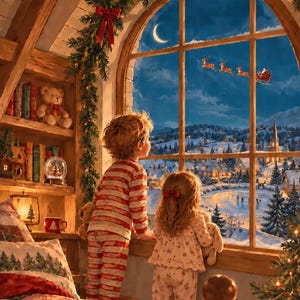 Pode incluir: Uma ilustração digital de duas crianças de pijama olhando por uma janela em arco para uma vila nevada. Uma lua crescente brilha no céu noturno enquanto o trenó do Papai Noel voa acima. Há brinquedos dispostos nas prateleiras.
