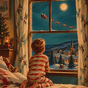 Peut inclure: Un enfant en pyjama rayé rouge et blanc est agenouillé sur un lit, regardant par la fenêtre un village enneigé. Dehors, une pleine lune illumine le ciel nocturne tandis qu'un traîneau tiré par des rennes passe. Un ours en peluche est sur le lit.