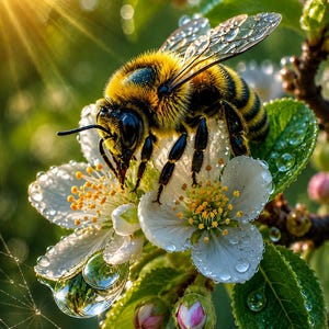 Könnte beinhalten: Eine flauschige gelb-schwarze Hummel ruht auf weißen Blüten mit gelben Zentren. Die Blütenblätter und grünen Blätter sind mit klaren Wassertropfen bedeckt, die das Licht reflektieren. Ein heller Sonnenfleck erscheint oben links.