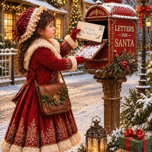 Puede incluir: Un niño con un vestido de terciopelo rojo con ribete de piel crema y un gorro a juego coloca una carta dirigida a Santa en el Polo Norte en un buzón de metal rojo vintage con la inscripción dorada Letters for Santa.