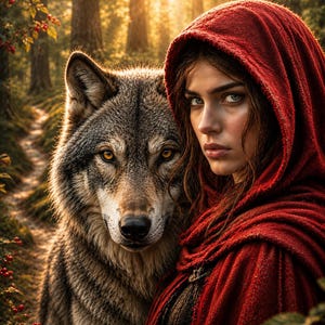 May include: A person with dark hair wearing a textured red hooded cloak standing beside a large grey wolf with amber eyes. The scene is set in a forest with tall trees and soft golden sunlight filtering through the branches in the background.