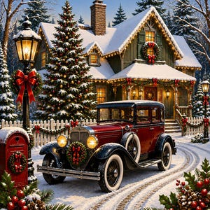May include: A vintage red and black car parked on a snow-covered driveway in front of a house decorated for Christmas. The scene features a large lit Christmas tree, a red mailbox with a wreath, and snow-dusted pine trees under a clear sky.