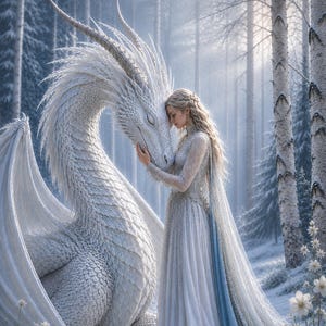 May include: A large white dragon with textured scales and long horns stands beside a figure wearing a floor-length white gown with a blue sash. They are positioned in a snowy forest setting with white flowers in the foreground and tall trees.