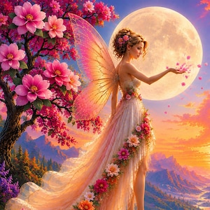 Peut inclure: Une fée aux ailes translucides porte une longue robe fluide ornée de fleurs roses et orange. La silhouette se tient au bord d'une falaise devant une grande pleine lune, avec un arbre en fleurs et un paysage montagneux en arrière-plan.