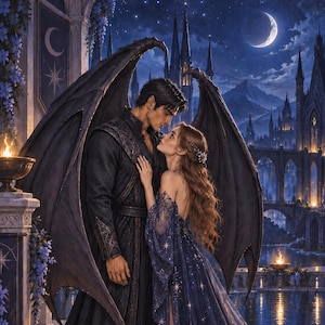 May include: A digital illustration of a winged figure in a black coat standing close to a person in a long, dark blue gown adorned with star patterns. They are positioned on a stone balcony overlooking a castle, a river, and a crescent moon.