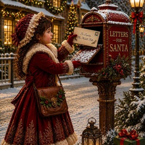 Może przedstawiać: Czerwona, ozdobna skrzynka pocztowa w stylu vintage z napisem 'LETTERS FOR SANTA' na boku. Skrzynka jest zwieńczona dekoracyjnym elementem, pokryta lekką warstwą śniegu i posiada otwór na listy oraz uchylne drzwiczki z zawiasami.