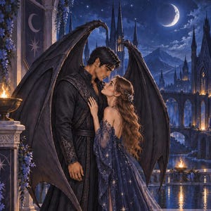 Peut inclure: Une illustration numérique représentant une silhouette ailée en manteau noir près d'une personne vêtue d'une longue robe bleu foncé ornée d'étoiles. Ils se tiennent sur un balcon en pierre surplombant un château, une rivière et un croissant de lune.