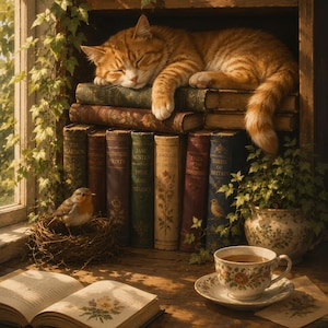 May include: An orange tabby cat sleeps on a stack of vintage books in a wooden bookshelf. A small bird sits in a nest nearby. An open book, a floral teacup on a saucer, and a potted plant with trailing ivy are arranged on the wooden surface.