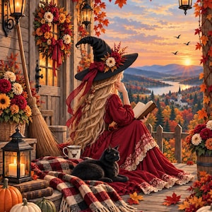 Puede incluir: Una persona de cabello rubio largo con sombrero de bruja negro y vestido rojo largo lee un libro en un porche. Un gato negro descansa sobre una manta de cuadros rojos y blancos. La escena incluye calabazas, linternas y follaje de otoño.