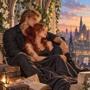 May include: A digital illustration of two figures with dark clothing and visible skin markings, sitting together on a stone balcony. A sword, stacked books, and a lantern are nearby. In the background, a gothic city skyline glows at sunset.