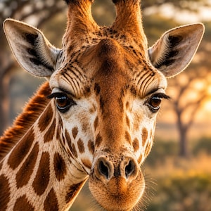 Könnte beinhalten: Ein Nahporträt einer Giraffe, das Kopf und Hals zeigt. Die Giraffe hat ein gemustertes Fell mit braunen Flecken auf hellbraunem Grund, dunkle Augen mit langen Wimpern, zwei Ossikone auf dem Kopf und eine texturierte Schnauze mit Nasenlöchern.